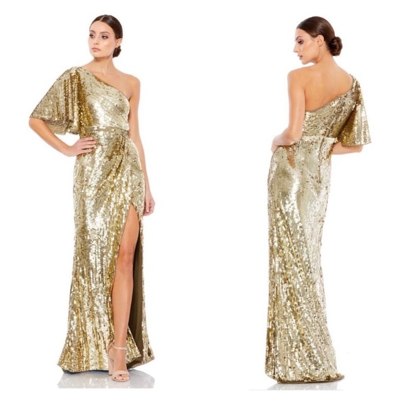 Mac Duggal Embellished Cap Sleeve Cowl Neck Trumpet Gown Golden Size 6 NWT - Picture 1 of 12